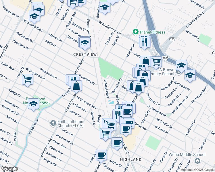 map of restaurants, bars, coffee shops, grocery stores, and more near 7507 Wildcat Pass in Austin