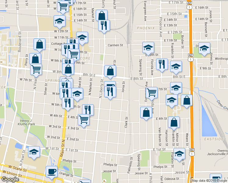 map of restaurants, bars, coffee shops, grocery stores, and more near 1637 Walnut Street in Jacksonville