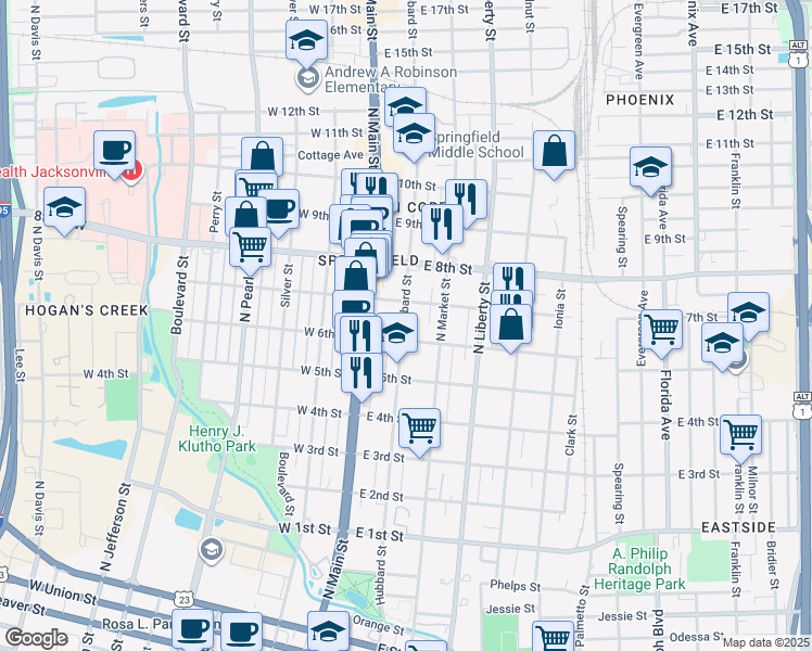 map of restaurants, bars, coffee shops, grocery stores, and more near 1621 Hubbard Street in Jacksonville