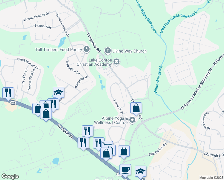 map of restaurants, bars, coffee shops, grocery stores, and more near 2062 Parnevik Place in Conroe
