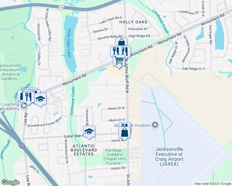 map of restaurants, bars, coffee shops, grocery stores, and more near 10650 Abbot Cove Drive in Jacksonville