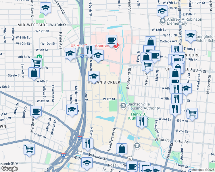 map of restaurants, bars, coffee shops, grocery stores, and more near 1535 Louisiana Street in Jacksonville