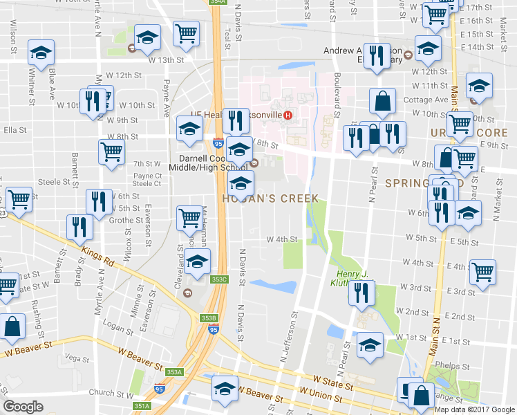 map of restaurants, bars, coffee shops, grocery stores, and more near 801 West 4th Street in Jacksonville