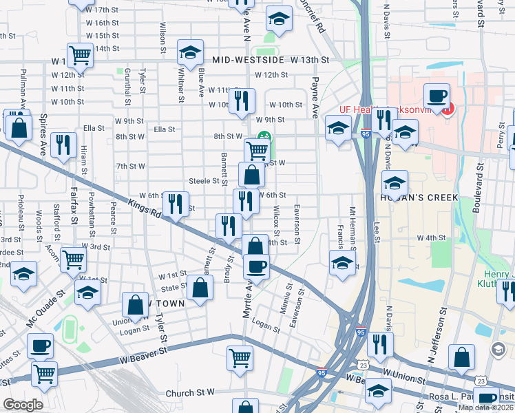map of restaurants, bars, coffee shops, grocery stores, and more near in Jacksonville