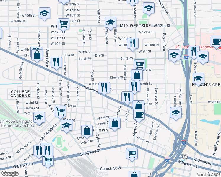 map of restaurants, bars, coffee shops, grocery stores, and more near 1493 West 5th Street in Jacksonville