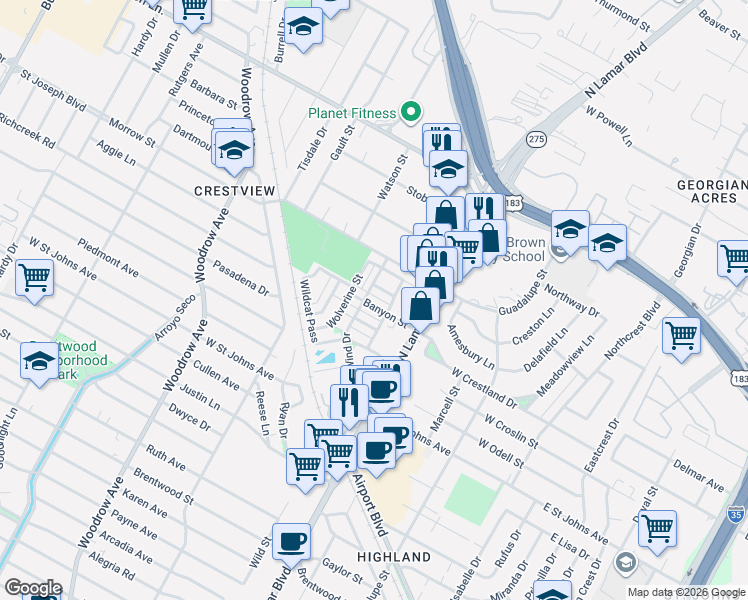 map of restaurants, bars, coffee shops, grocery stores, and more near 908 Banyon Street in Austin
