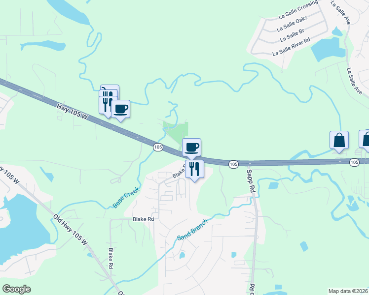 map of restaurants, bars, coffee shops, grocery stores, and more near 12814 Texas 105 in Conroe