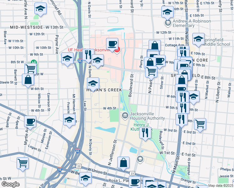 map of restaurants, bars, coffee shops, grocery stores, and more near 1528 North Jefferson Street in Jacksonville