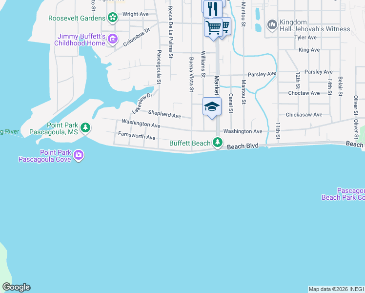 map of restaurants, bars, coffee shops, grocery stores, and more near 1309 Beach Blvd in Pascagoula