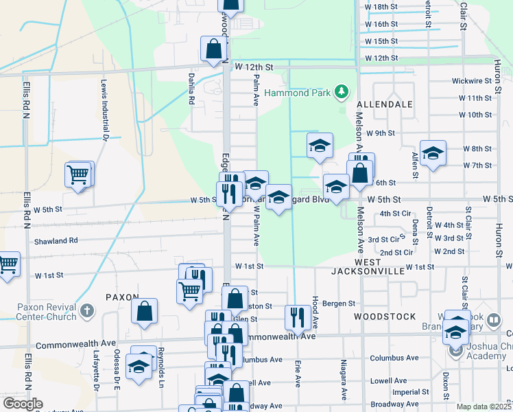 map of restaurants, bars, coffee shops, grocery stores, and more near 2101 West Palm Avenue in Jacksonville