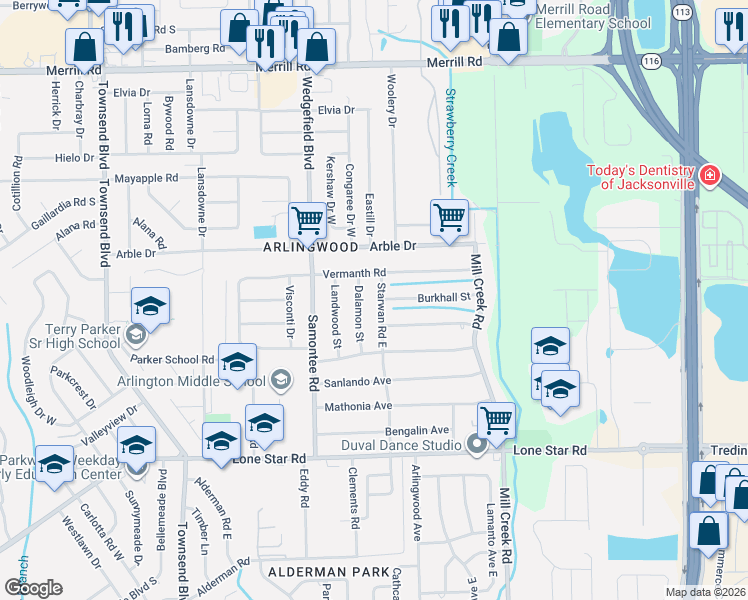 map of restaurants, bars, coffee shops, grocery stores, and more near 1931 Starwan Road East in Jacksonville