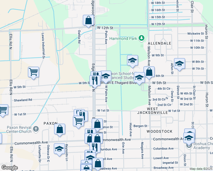 map of restaurants, bars, coffee shops, grocery stores, and more near 2101 West Palm Avenue in Jacksonville