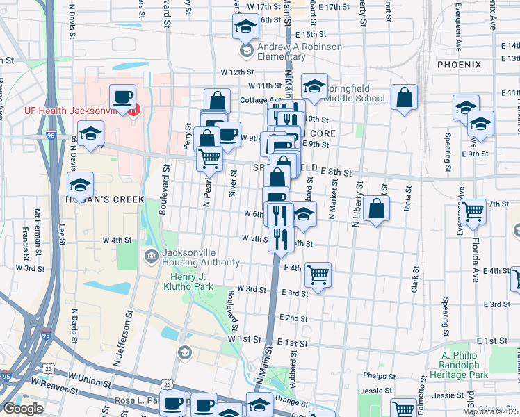 map of restaurants, bars, coffee shops, grocery stores, and more near 1611 North Laura Street in Jacksonville