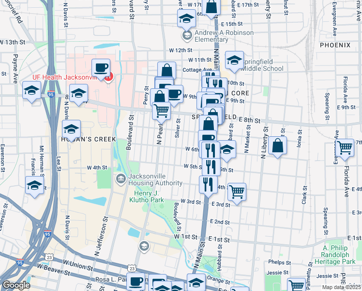 map of restaurants, bars, coffee shops, grocery stores, and more near 143 West 6th Street in Jacksonville
