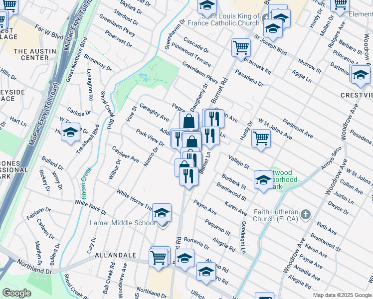 map of restaurants, bars, coffee shops, grocery stores, and more near 6720 Burnet Road in Austin