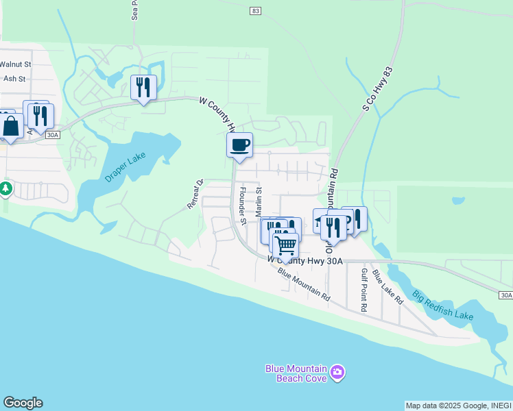 map of restaurants, bars, coffee shops, grocery stores, and more near 68 Marlin Street in Santa Rosa Beach