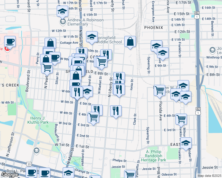 map of restaurants, bars, coffee shops, grocery stores, and more near 1635 North Liberty Street in Jacksonville