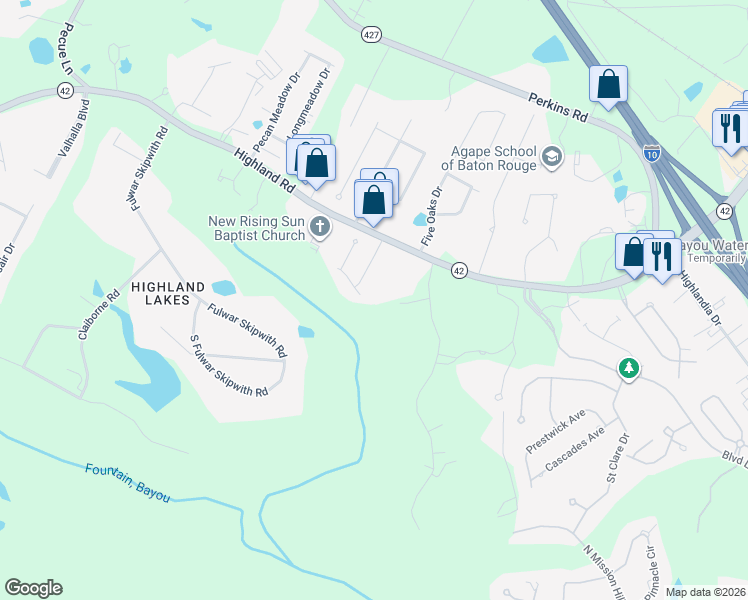 map of restaurants, bars, coffee shops, grocery stores, and more near 16820 Cherry Bark Drive in Baton Rouge