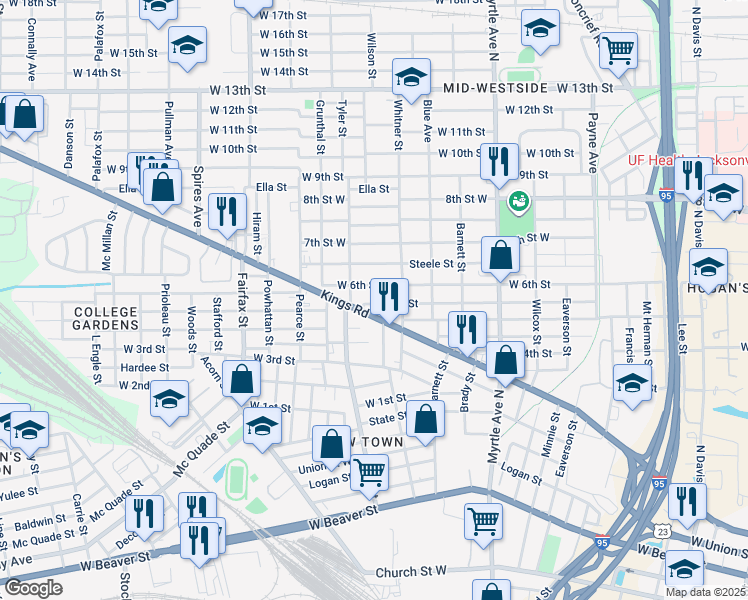 map of restaurants, bars, coffee shops, grocery stores, and more near 1551 West 5th Street in Jacksonville
