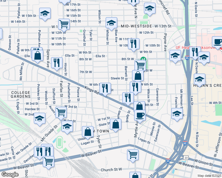 map of restaurants, bars, coffee shops, grocery stores, and more near 1491 West 5th Street in Jacksonville
