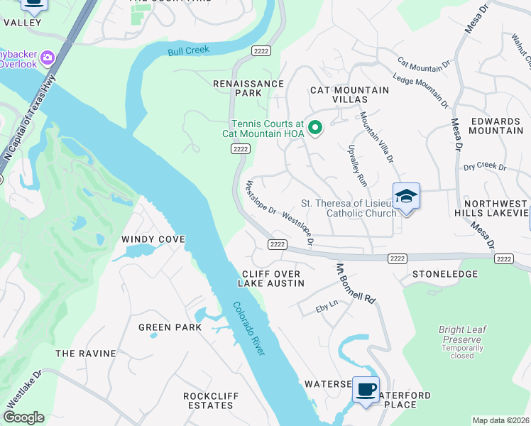 map of restaurants, bars, coffee shops, grocery stores, and more near 5816 Westslope Drive in Austin