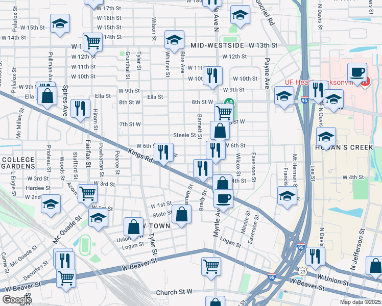 map of restaurants, bars, coffee shops, grocery stores, and more near 1431 West 5th Street in Jacksonville
