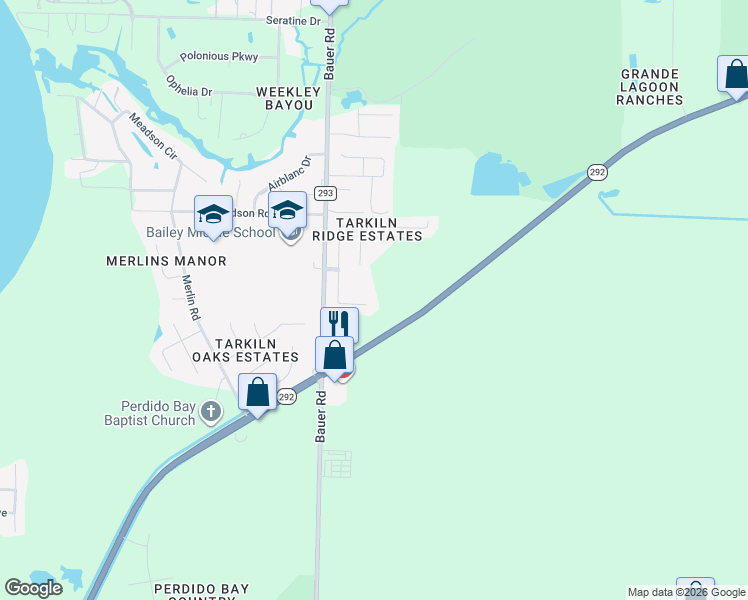 map of restaurants, bars, coffee shops, grocery stores, and more near 1753 Beachside Drive in Pensacola