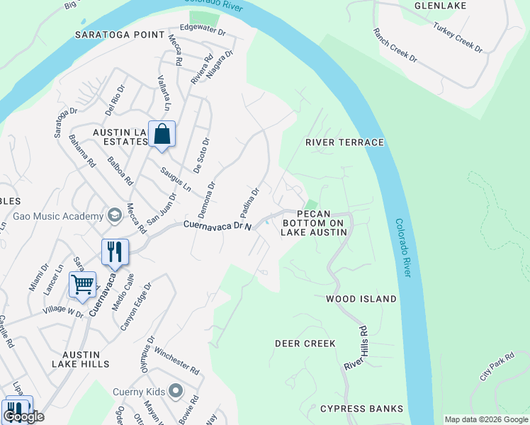 map of restaurants, bars, coffee shops, grocery stores, and more near 2414 Cuernavaca Drive North in Austin