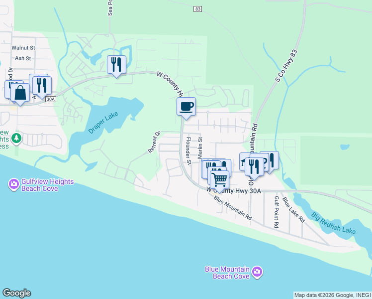 map of restaurants, bars, coffee shops, grocery stores, and more near 165 Flounder Street in Santa Rosa Beach