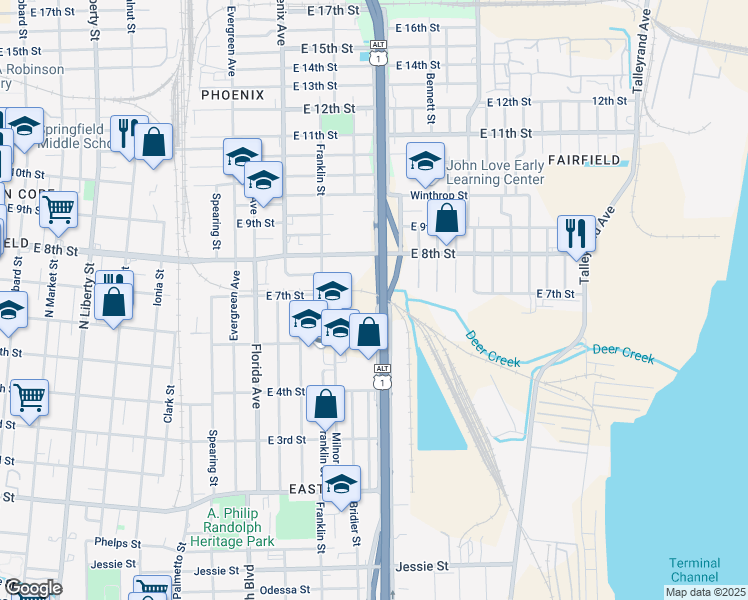 map of restaurants, bars, coffee shops, grocery stores, and more near 1535 Milnor Street in Jacksonville