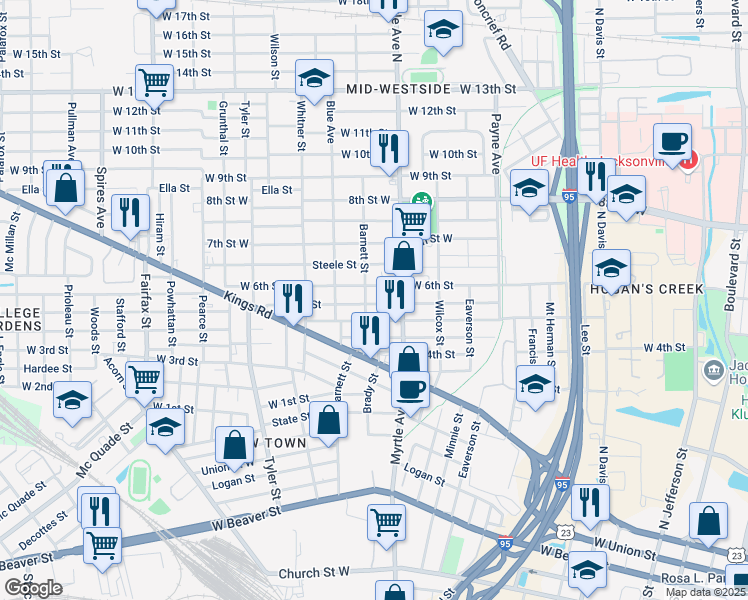 map of restaurants, bars, coffee shops, grocery stores, and more near 1347 West 5th Street in Jacksonville