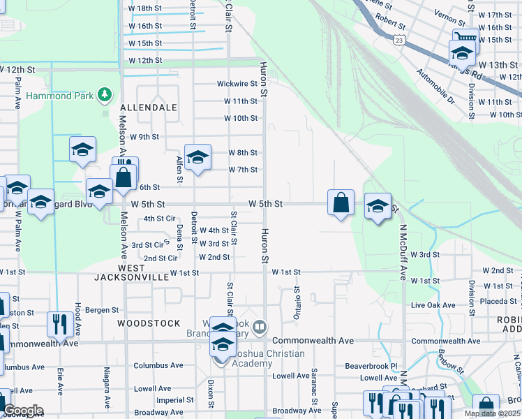 map of restaurants, bars, coffee shops, grocery stores, and more near 1422 Huron Street in Jacksonville