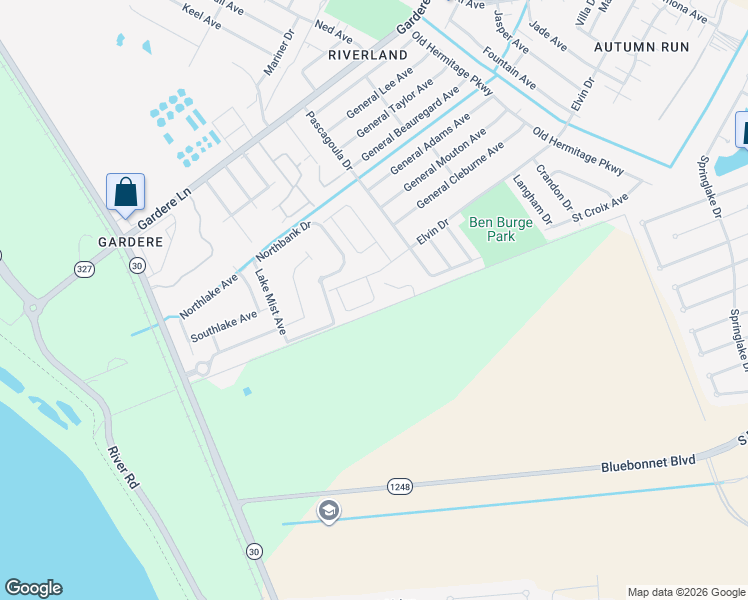 map of restaurants, bars, coffee shops, grocery stores, and more near 2515 Rose Garden Drive in Baton Rouge