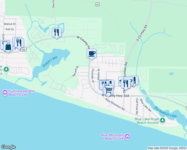 map of restaurants, bars, coffee shops, grocery stores, and more near 10 Porpoise Street in Santa Rosa Beach