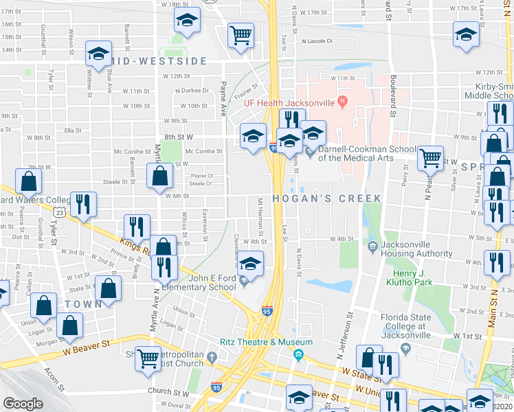 map of restaurants, bars, coffee shops, grocery stores, and more near 1521 Mount Herman Street in Jacksonville