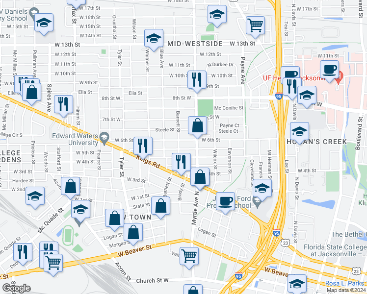 map of restaurants, bars, coffee shops, grocery stores, and more near 1331 West 5th Street in Jacksonville