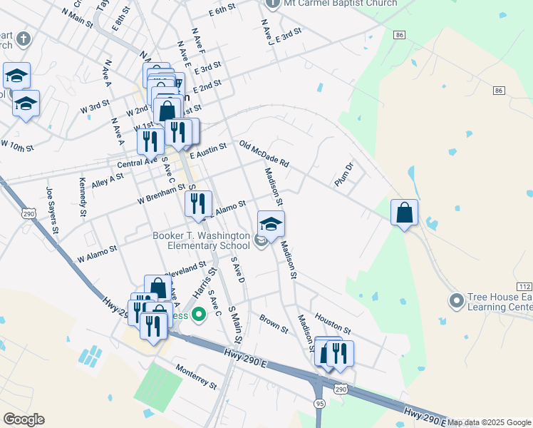 map of restaurants, bars, coffee shops, grocery stores, and more near 200 Hall Street in Elgin