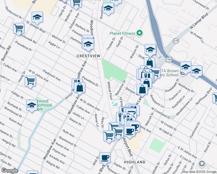 map of restaurants, bars, coffee shops, grocery stores, and more near 7507 Wildcat Pass in Austin