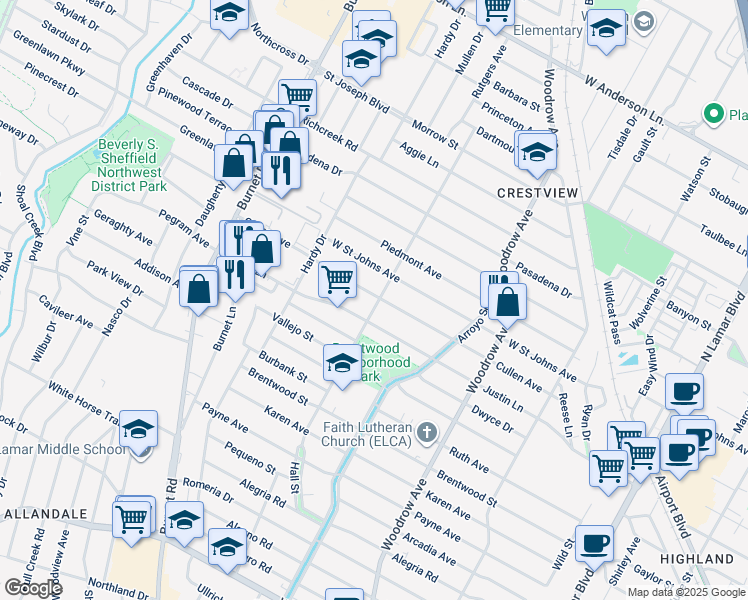 map of restaurants, bars, coffee shops, grocery stores, and more near 1803 Cullen Avenue in Austin