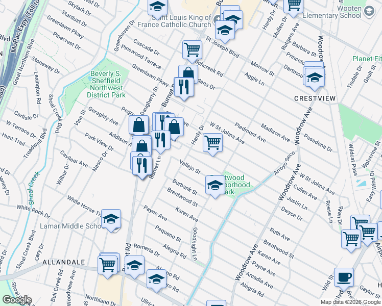 map of restaurants, bars, coffee shops, grocery stores, and more near 1912 Santa Clara Street in Austin