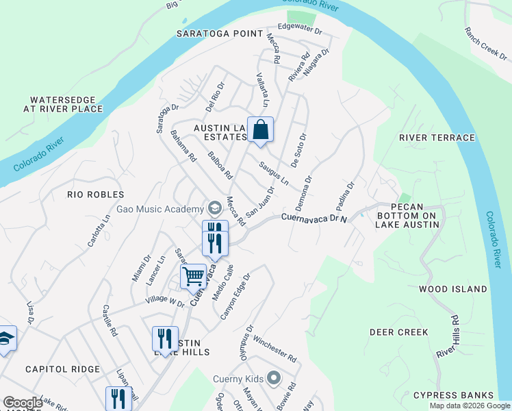 map of restaurants, bars, coffee shops, grocery stores, and more near 2104 Cuernavaca Drive North in Austin