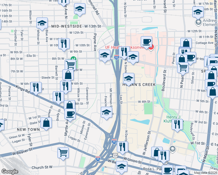 map of restaurants, bars, coffee shops, grocery stores, and more near 1521 Mount Herman Street in Jacksonville