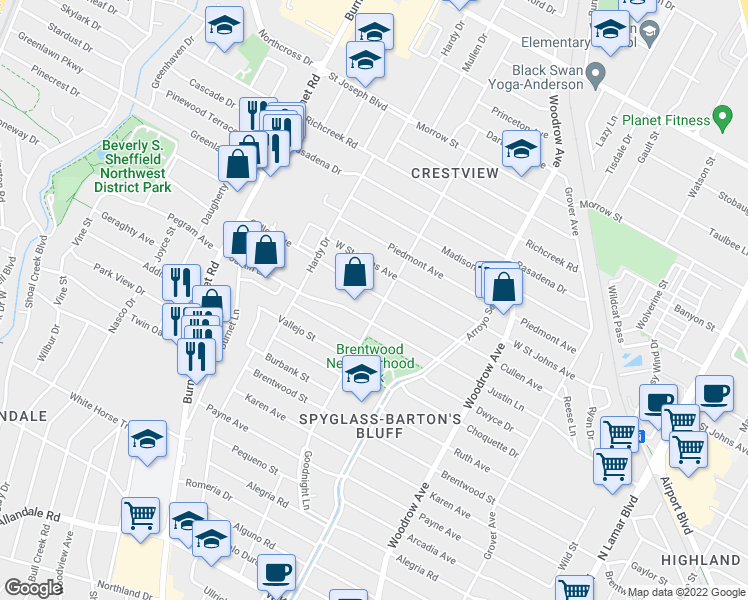 map of restaurants, bars, coffee shops, grocery stores, and more near 1803 Cullen Avenue in Austin