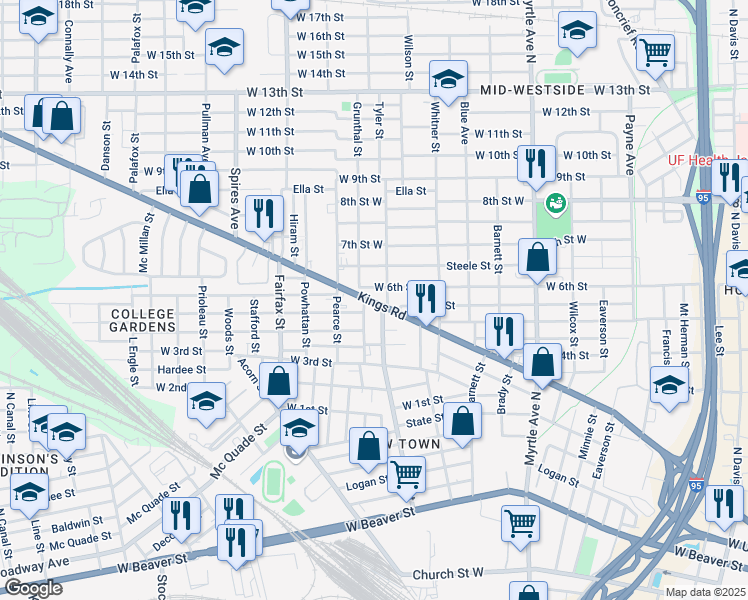map of restaurants, bars, coffee shops, grocery stores, and more near 1623 Kings Road in Jacksonville