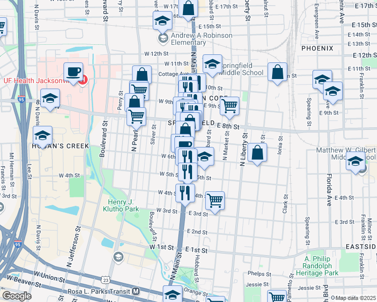 map of restaurants, bars, coffee shops, grocery stores, and more near 1623 N Main St in Jacksonville