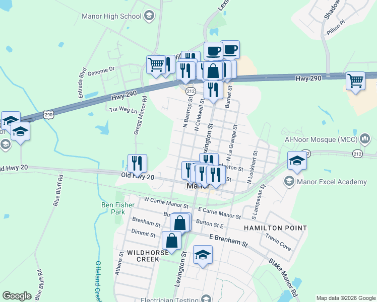 map of restaurants, bars, coffee shops, grocery stores, and more near 202 West Wheeler Street in Manor