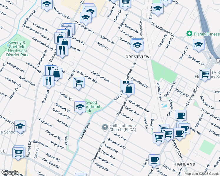 map of restaurants, bars, coffee shops, grocery stores, and more near 1518 West Saint Johns Avenue in Austin