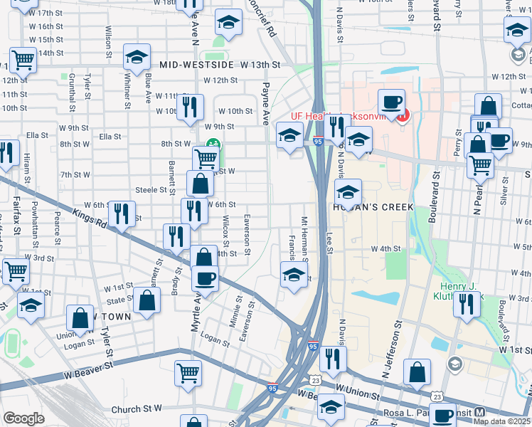 map of restaurants, bars, coffee shops, grocery stores, and more near 1103 West 5th Street in Jacksonville