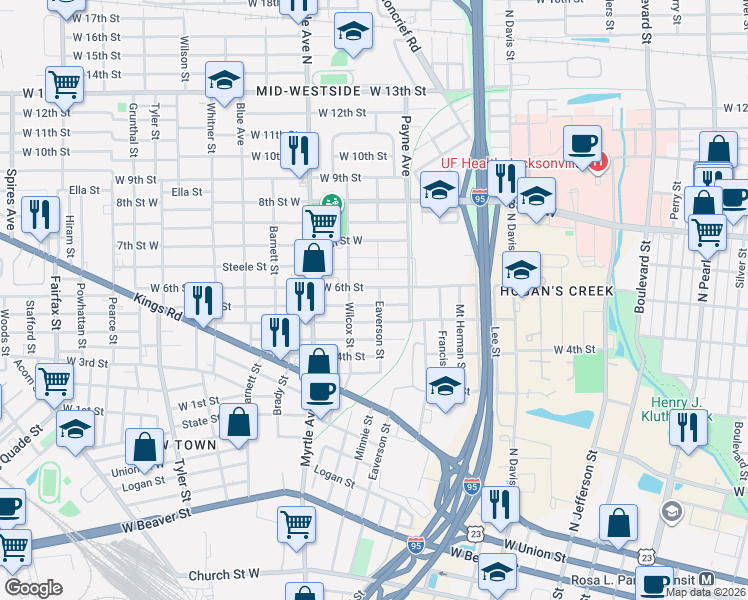 map of restaurants, bars, coffee shops, grocery stores, and more near 1209 West 5th Street in Jacksonville