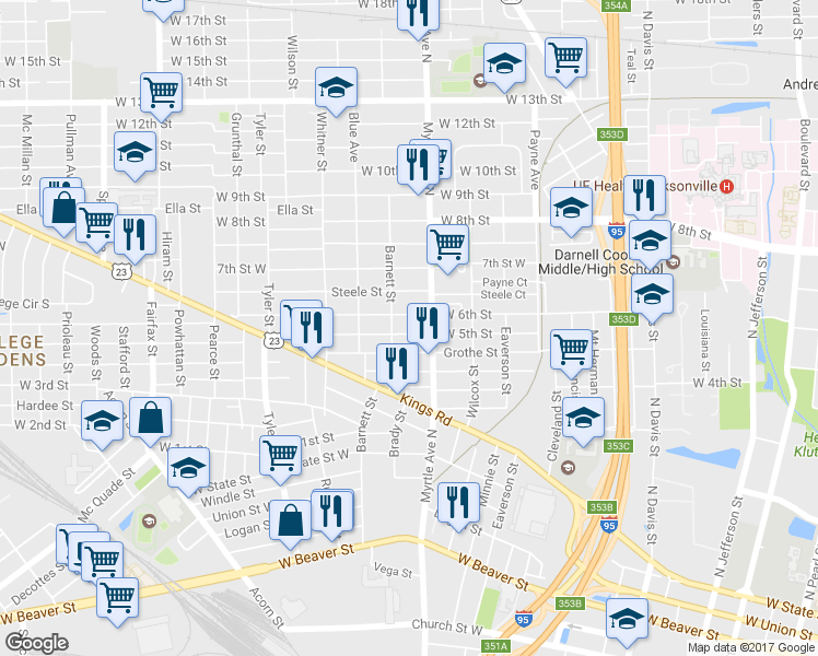 map of restaurants, bars, coffee shops, grocery stores, and more near 1331 West 5th Street in Jacksonville